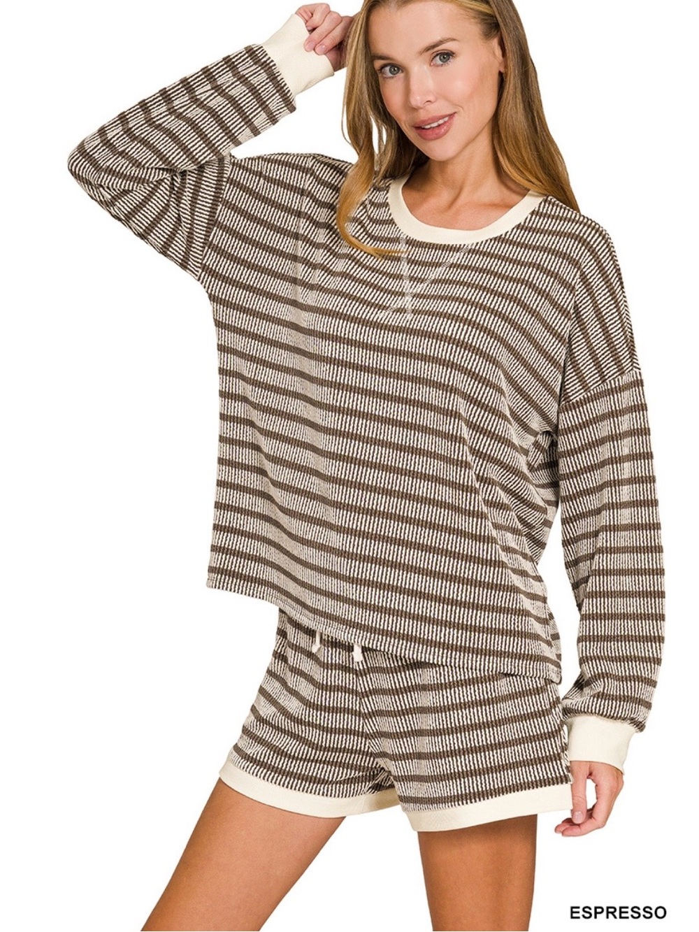 Raised Rib Striped Pullover & Shorts Set – Espresso Medium